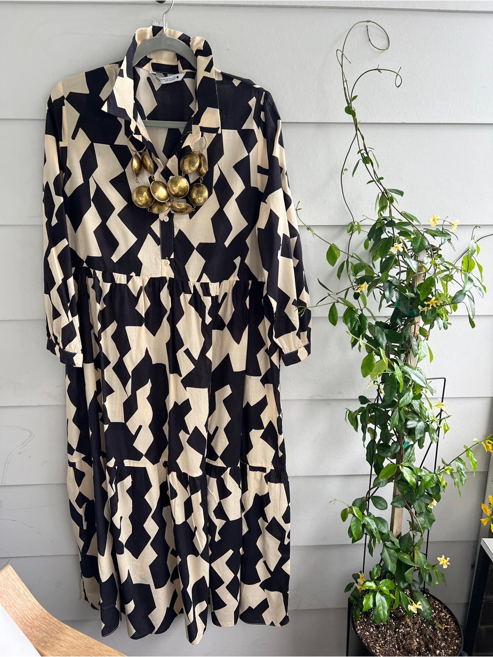 Zara Black & Cream Geometric Tiered Shirt Dress - Women